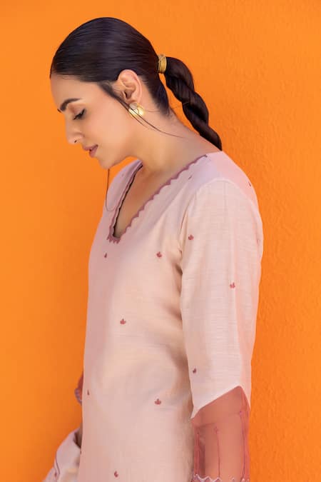Janki India_Rose Gold Satin Embroidery V-neck Kurta And Dhoti Pant Set _Online_at_Aza_Fashions