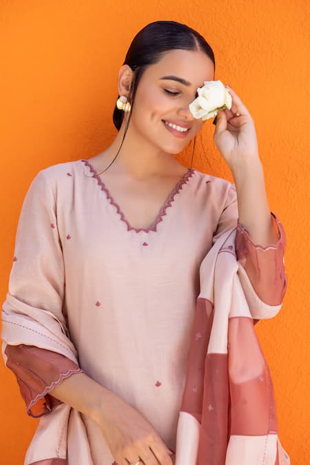 Janki India_Rose Gold Satin Embroidery V-neck Kurta And Dhoti Pant Set _at_Aza_Fashions