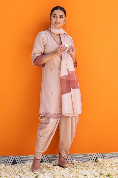 Shop_Janki India_Rose Gold Satin Embroidery V-neck Kurta And Dhoti Pant Set 