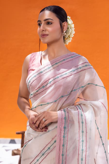 Buy_Janki India_Ivory Organza, Chanderi Embroidery Round Neck Saree With Silk Blouse _Online_at_Aza_Fashions
