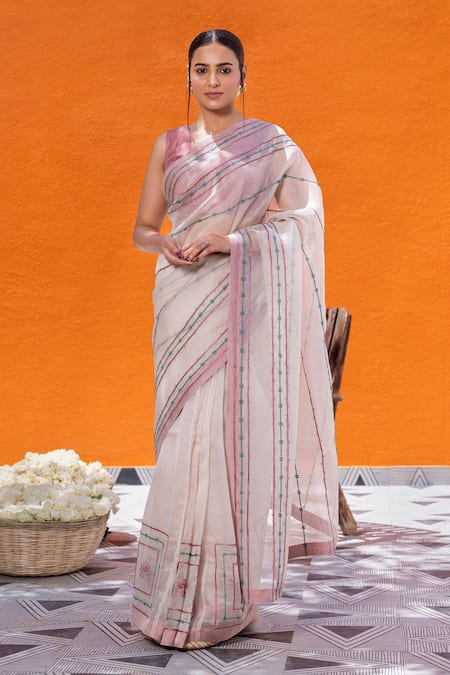 Janki India Ivory Organza, Chanderi Embroidery Round Neck Saree With Silk Blouse 