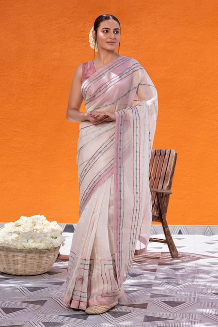 Shop_Janki India_Ivory Organza, Chanderi Embroidery Round Neck Saree With Silk Blouse _Online_at_Aza_Fashions