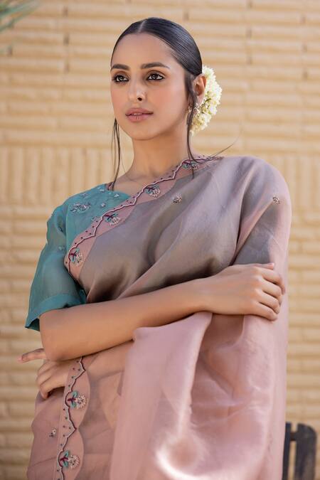 Janki India_Rose Gold Organza, Chanderi Embroidery Round Neck Saree With Blouse _Online_at_Aza_Fashions