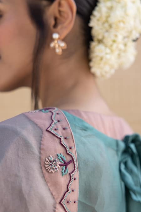 Buy_Janki India_Rose Gold Organza, Chanderi Embroidery Round Neck Saree With Blouse _Online_at_Aza_Fashions