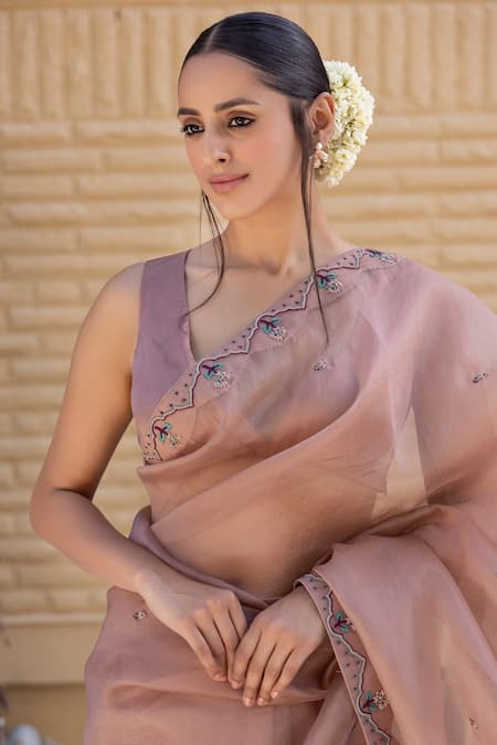 Shop_Janki India_Rose Gold Organza, Chanderi Embroidery Round Neck Saree With Blouse _Online_at_Aza_Fashions