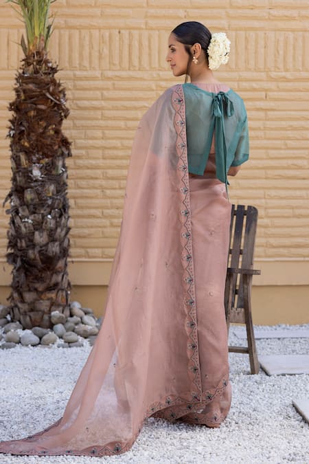 Janki India Rose Gold Organza Saree With Blouse 