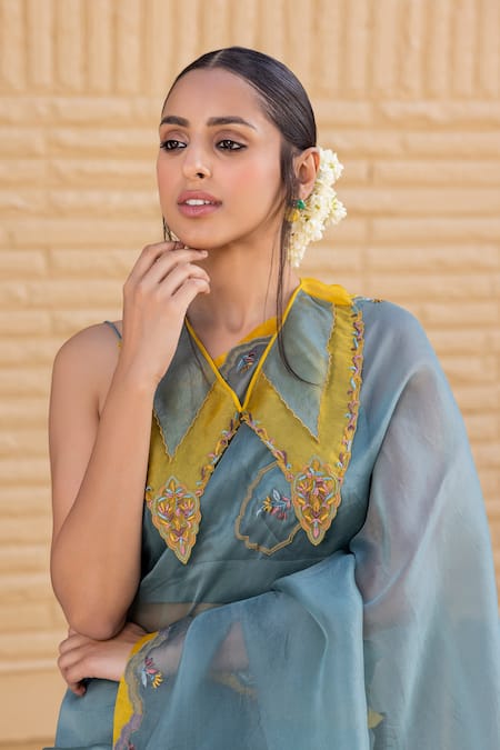 Buy_Janki India_Teal Organza, Chanderi Embroidery Collared Saree With Blouse _Online_at_Aza_Fashions