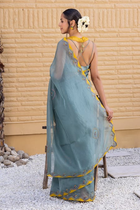 Janki India Teal Organza Saree With Blouse 