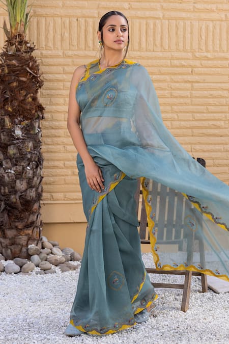 Shop_Janki India_Teal Organza, Chanderi Embroidery Collared Saree With Blouse _Online_at_Aza_Fashions