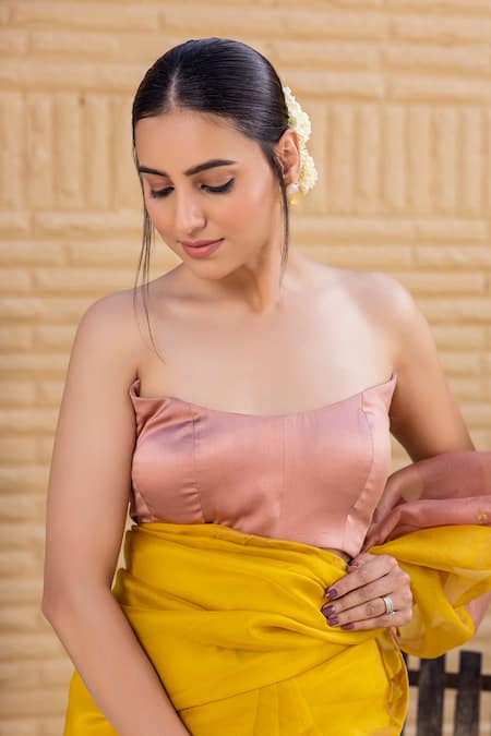 Janki India Yellow Organza, Chanderi Embroidery Round Neck Silk Saree With Blouse Online at Aza Fashions Janki India_Yellow Organza, Chanderi Embroidery Round Neck Silk Saree With Blouse _Online_at_Aza_Fashions