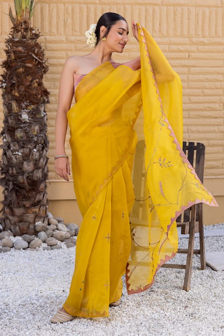 Shop Janki India Yellow Organza, Chanderi Embroidery Round Neck Silk Saree With Blouse Online at Aza Fashions Shop_Janki India_Yellow Organza, Chanderi Embroidery Round Neck Silk Saree With Blouse _Online_at_Aza_Fashions
