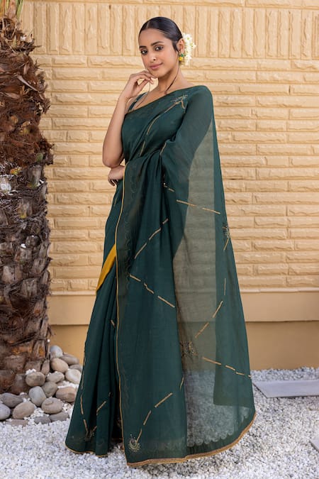 Buy_Janki India_Emerald Green Organza, Chanderi Embroidery Round Neck Saree With Blouse _Online_at_Aza_Fashions