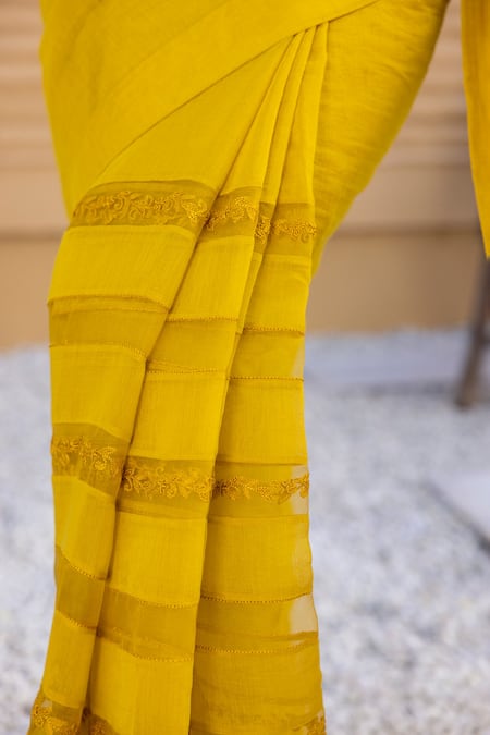 Janki India_Yellow Organza, Chanderi Embroidery Round Neck Saree With Blouse _Online_at_Aza_Fashions