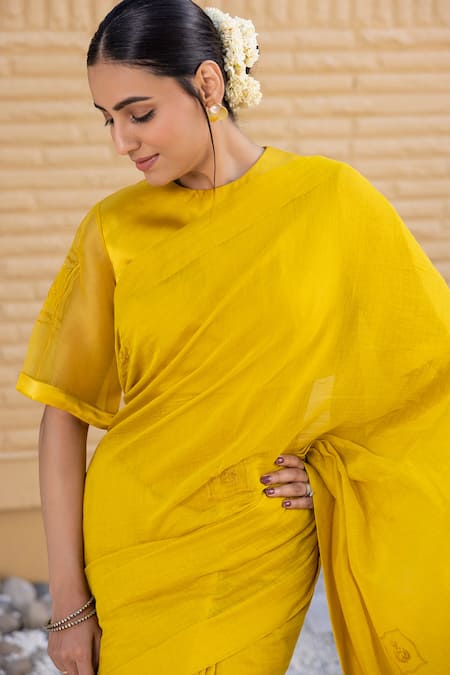 Buy_Janki India_Yellow Organza, Chanderi Embroidery Round Neck Saree With Blouse _Online_at_Aza_Fashions