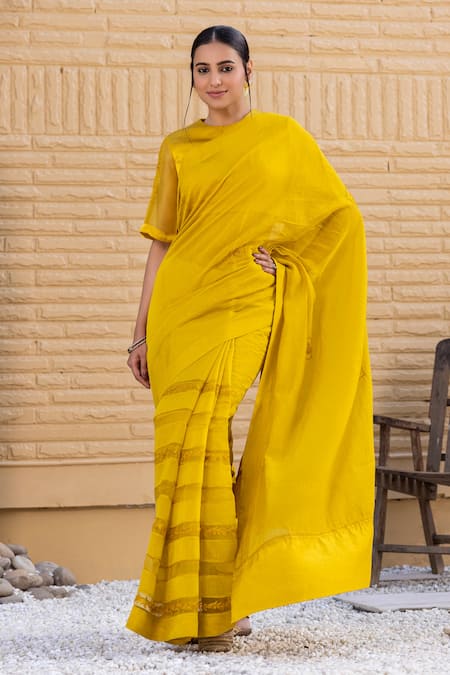 Shop_Janki India_Yellow Organza, Chanderi Embroidery Round Neck Saree With Blouse _Online_at_Aza_Fashions