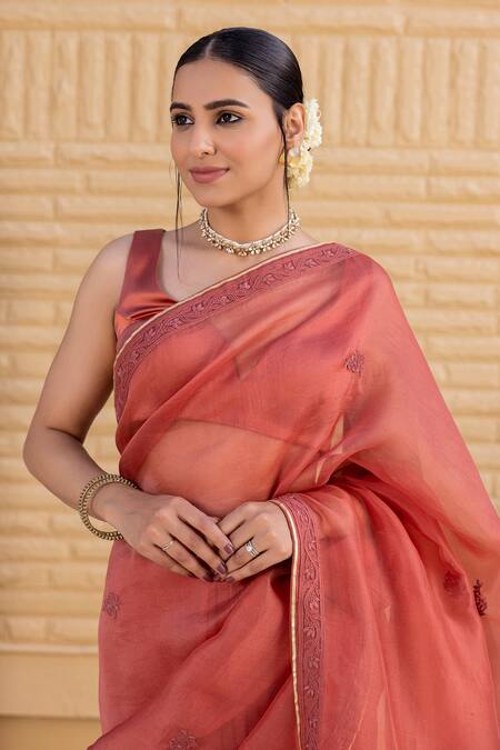 Janki India_Rust Organza, Chanderi Embroidery Round Neck Saree With Blouse _Online_at_Aza_Fashions