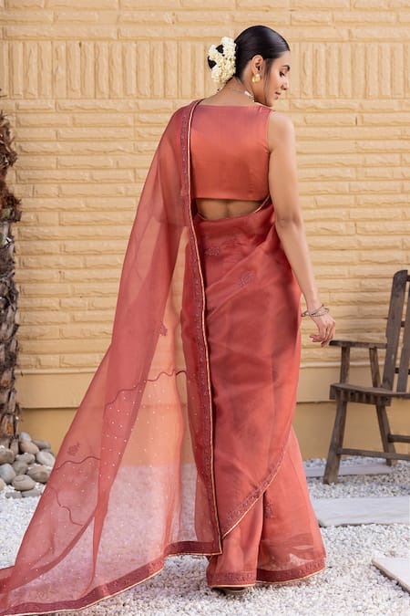 Janki India Rust Organza Saree With Blouse 