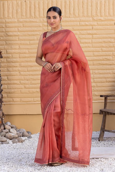 Shop_Janki India_Rust Organza, Chanderi Embroidery Round Neck Saree With Blouse _Online_at_Aza_Fashions