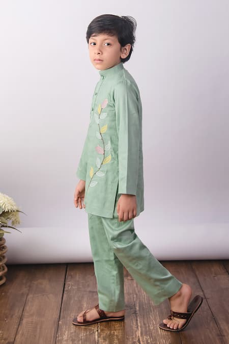 The Right Cut_Green Cotton Embroidery Mint Petal Prince Kurta Set _Online_at_Aza_Fashions