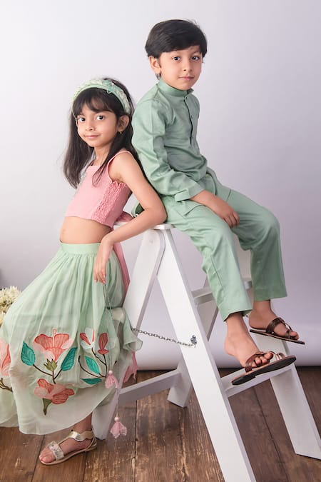 Shop_The Right Cut_Green Cotton Embroidery Mint Petal Prince Kurta Set _Online_at_Aza_Fashions