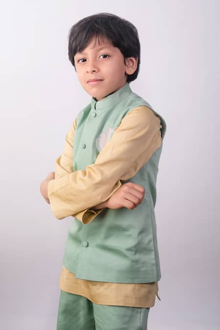 The Right Cut_Yellow Cotton Embroidery Little Lotus Mint Green Nehru Jacket And Kurta Set _Online_at_Aza_Fashions