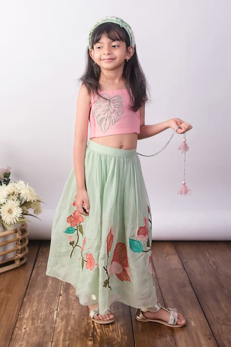 The Right Cut_Peach Organza Embroidery Lil Tropicana Top And Skirt Set _at_Aza_Fashions
