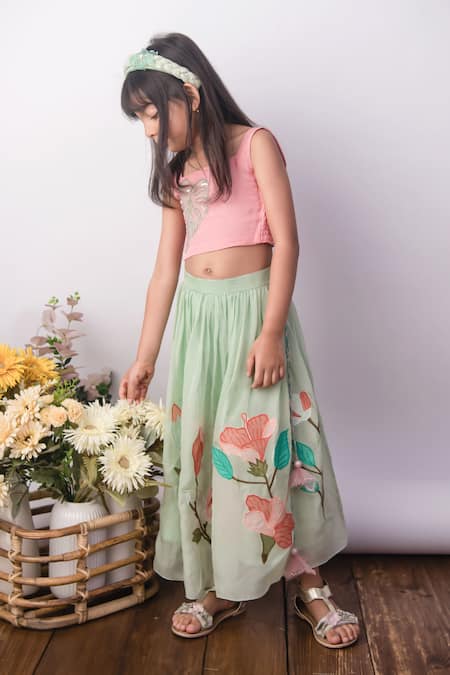 Buy_The Right Cut_Peach Organza Embroidery Lil Tropicana Top And Skirt Set 