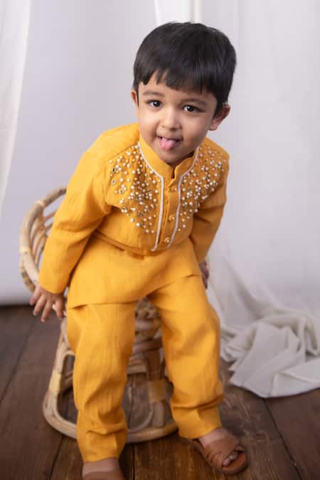 Buy_The Right Cut_Mustard Chanderi Pearls, Mirrors Sunshine Kurta Set _Online_at_Aza_Fashions