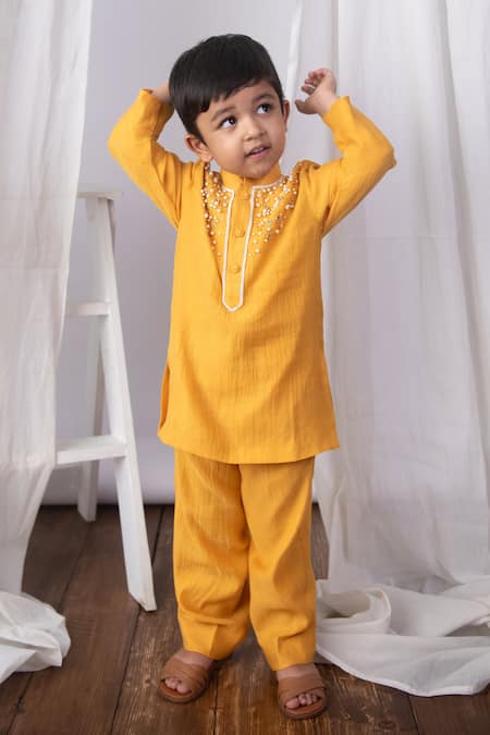 Shop_The Right Cut_Mustard Chanderi Pearls, Mirrors Sunshine Kurta Set _Online_at_Aza_Fashions