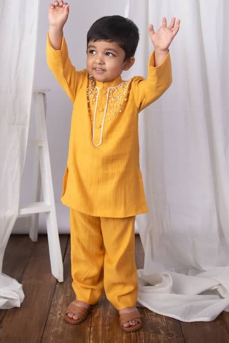 The Right Cut Mustard Chanderi Pearls, Mirrors Sunshine Kurta Set 