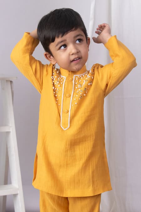 The Right Cut_Mustard Chanderi Pearls, Mirrors Sunshine Kurta Set _at_Aza_Fashions