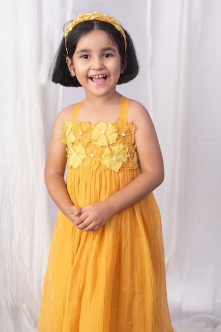 The Right Cut_Yellow Chanderi Embroidery, Pearls Amber Blossom Dress _Online_at_Aza_Fashions