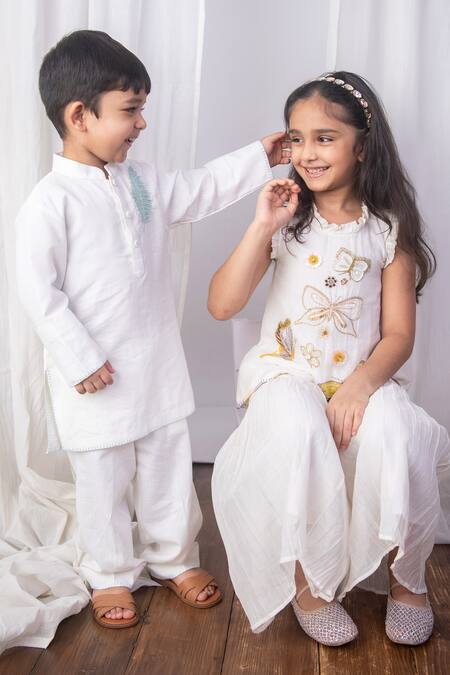Buy_The Right Cut_White Chanderi Embroidery Trails Kurta And Sharara Set _Online_at_Aza_Fashions