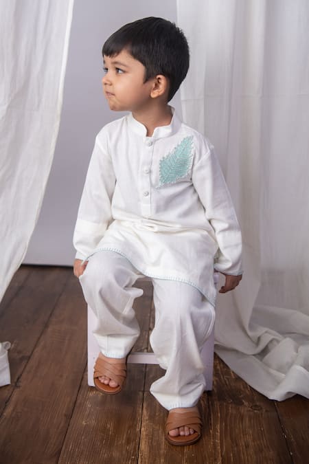 The Right Cut Aqua Leaf White Cotton Kurta Set 
