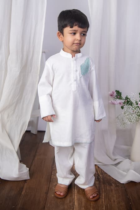 The Right Cut Aqua Leaf White Cotton Kurta Set 