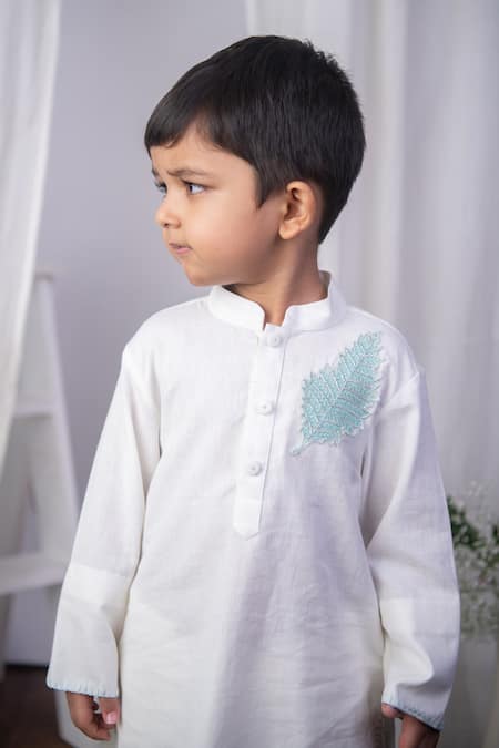 The Right Cut_White Cotton Embroidery Aqua Leaf Kurta Set _Online_at_Aza_Fashions