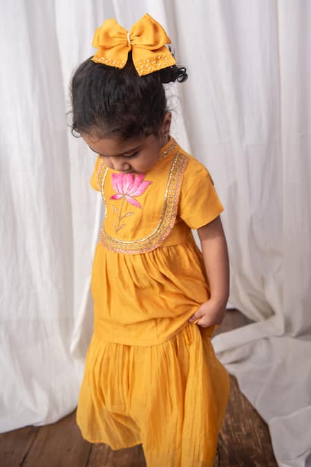 The Right Cut_Yellow Chanderi Embroidery Blush And Bloom Mustard Sharara Kurta Set _Online_at_Aza_Fashions