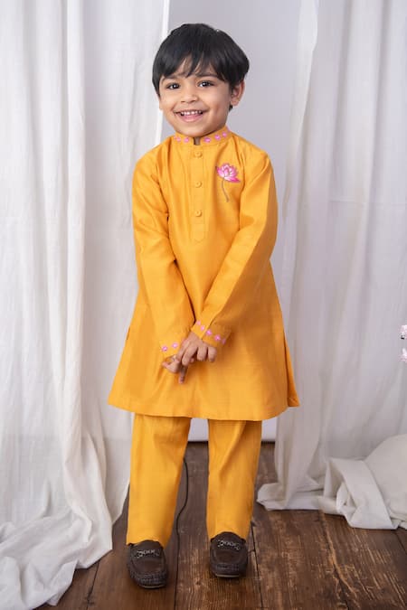 Shop_The Right Cut_Yellow Chanderi Embroidery Mustard Sunrise Lotus Kurta Set _Online_at_Aza_Fashions