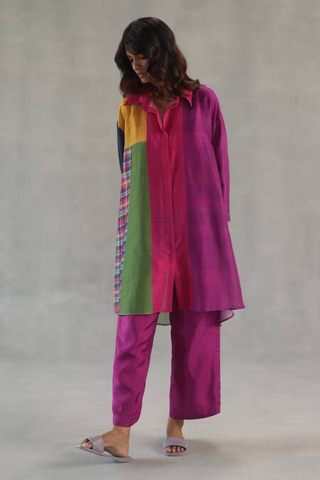 Buy_Roza_Purple Chanderi, Silk Collared Dune Colorblock Kurta And Pant Set _Online_at_Aza_Fashions