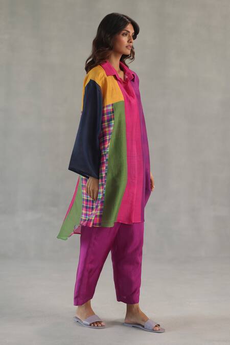 Roza_Purple Chanderi, Silk Collared Dune Colorblock Kurta And Pant Set _at_Aza_Fashions