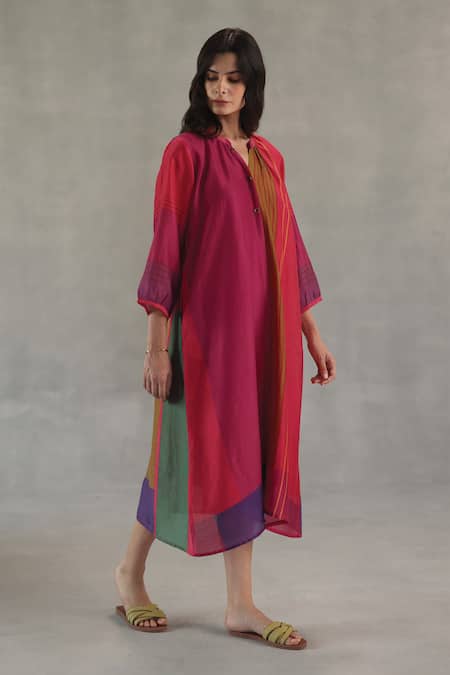 Roza_Pink Chanderi Round Neck Celeste Dress _Online_at_Aza_Fashions