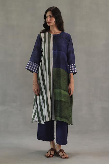 Roza Blue Chanderi, Silk Round Neck Amour Printed Kurta And Pant Set