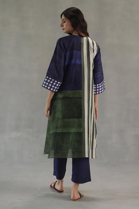 Shop Roza Blue Chanderi, Silk Round Neck Amour Printed Kurta And Pant Set at Aza Fashions Shop_Roza_Blue Chanderi, Silk Round Neck Amour Printed Kurta And Pant Set _at_Aza_Fashions