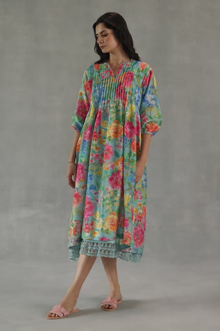 Roza Pink Chanderi, Muslin Split V-neck Sienna Floral Print Dress
