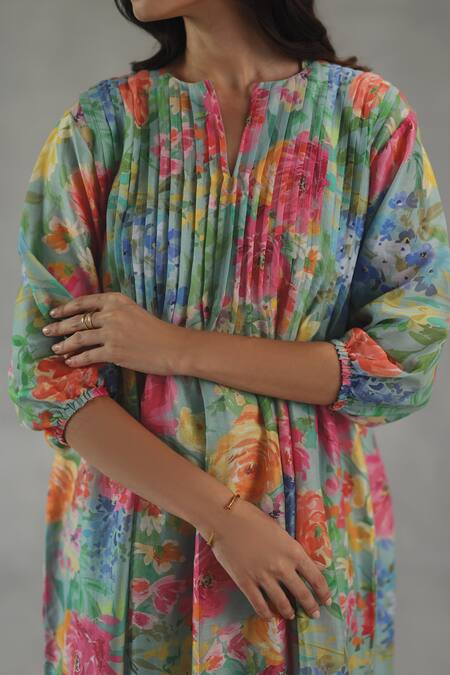 Shop Roza Pink Chanderi, Muslin Split V-neck Sienna Floral Print Dress Online at Aza Fashions Shop_Roza_Pink Chanderi, Muslin Split V-neck Sienna Floral Print Dress _Online_at_Aza_Fashions