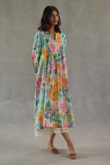 Roza_Pink Chanderi Lace Round Neck Fern Printed Dress _Online_at_Aza_Fashions