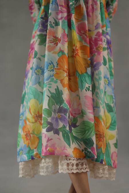 Buy_Roza_Pink Chanderi Lace Round Neck Fern Printed Dress _Online_at_Aza_Fashions