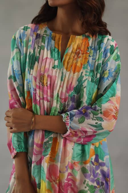 Shop_Roza_Pink Chanderi Lace Round Neck Fern Printed Dress _Online_at_Aza_Fashions