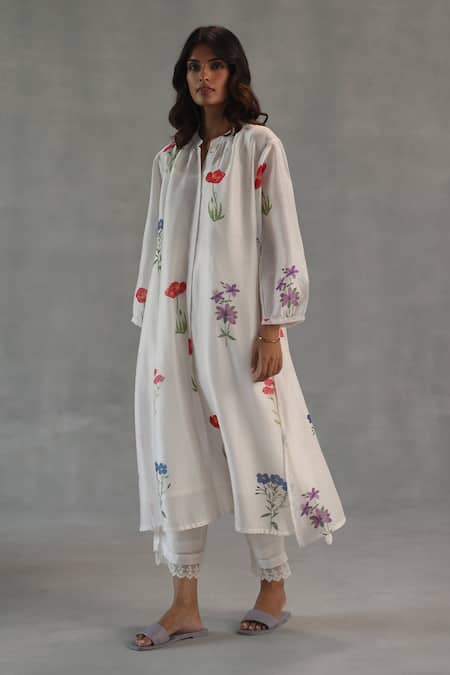 Buy Roza Ivory Chanderi Embroidery Round Neck Anais Floral Print Kurta And Pant Set Online at Aza Fashions Buy_Roza_Ivory Chanderi Embroidery Round Neck Anais Floral Print Kurta And Pant Set _Online_at_Aza_Fashions