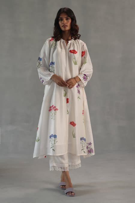Roza Ivory Chanderi Embroidery Round Neck Anais Floral Print Kurta And Pant Set 